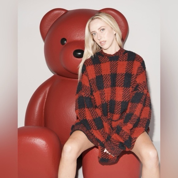 Skims Women's XXS/XS Buffalo Check Cozy Knit Pullover Oversized Hoodie Sweater - Picture 1 of 16